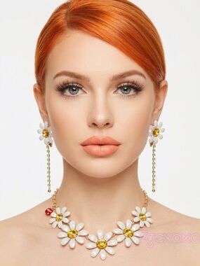 Betsey Johnson White Daisy Necklace and Earrings Set with Gold Accents NWT